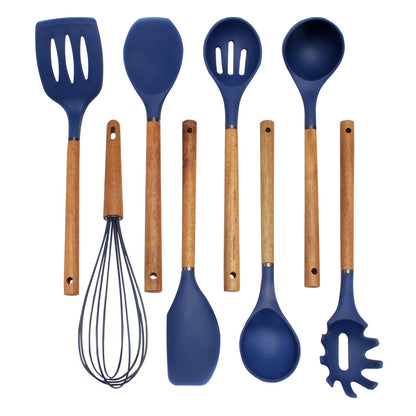 Country Kitchen Non Stick Silicone Utensil Set with Rounded Wood Handles for Cooking and Baking, 8 Piece Set, Navy