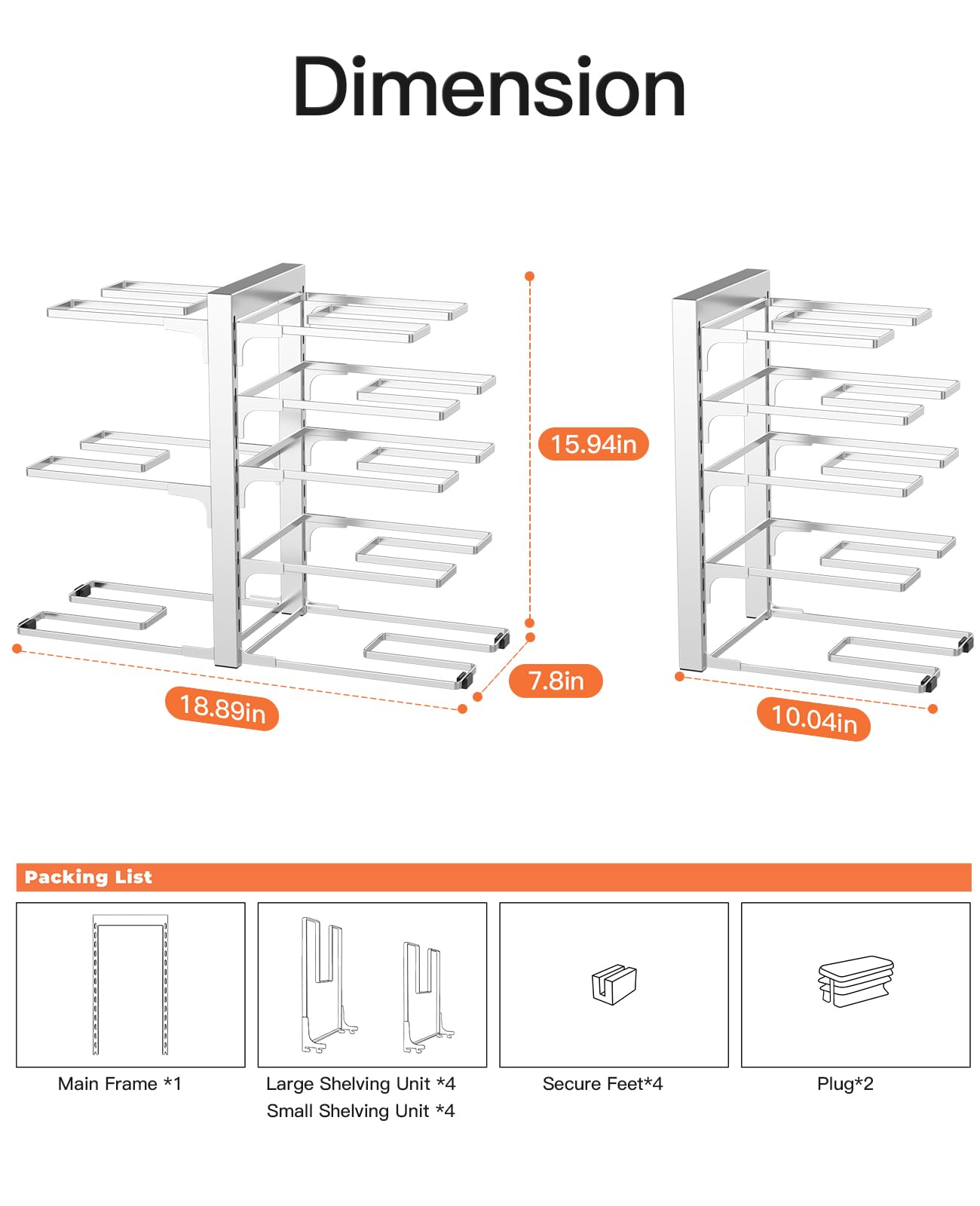 ORDORA Pots and Pans Organizer for Cabinet 16.61'' Height, 8 Tier Pot Organizers Rack with 3 DIY Methods, Adjustable Pan Organizer under Cabinet Kitchen Organization and Storage