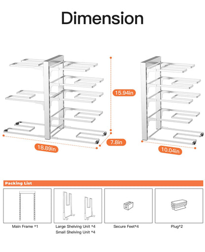 ORDORA Pots and Pans Organizer for Cabinet 16.61'' Height, 8 Tier Pot Organizers Rack with 3 DIY Methods, Adjustable Pan Organizer under Cabinet Kitchen Organization and Storage