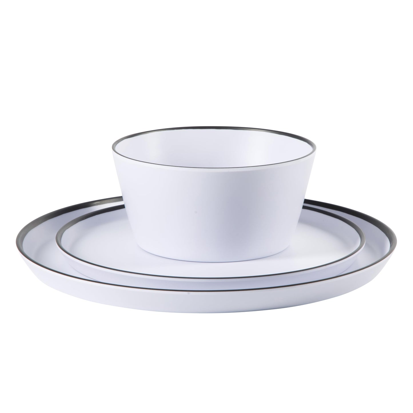 Gibson Home Folsom Shores 12 Piece Unbreakable Modern Melamine Plates and Bowls Dinnerware Set - Outdoor, Camping, & Everyday Use - White W/Black Rim