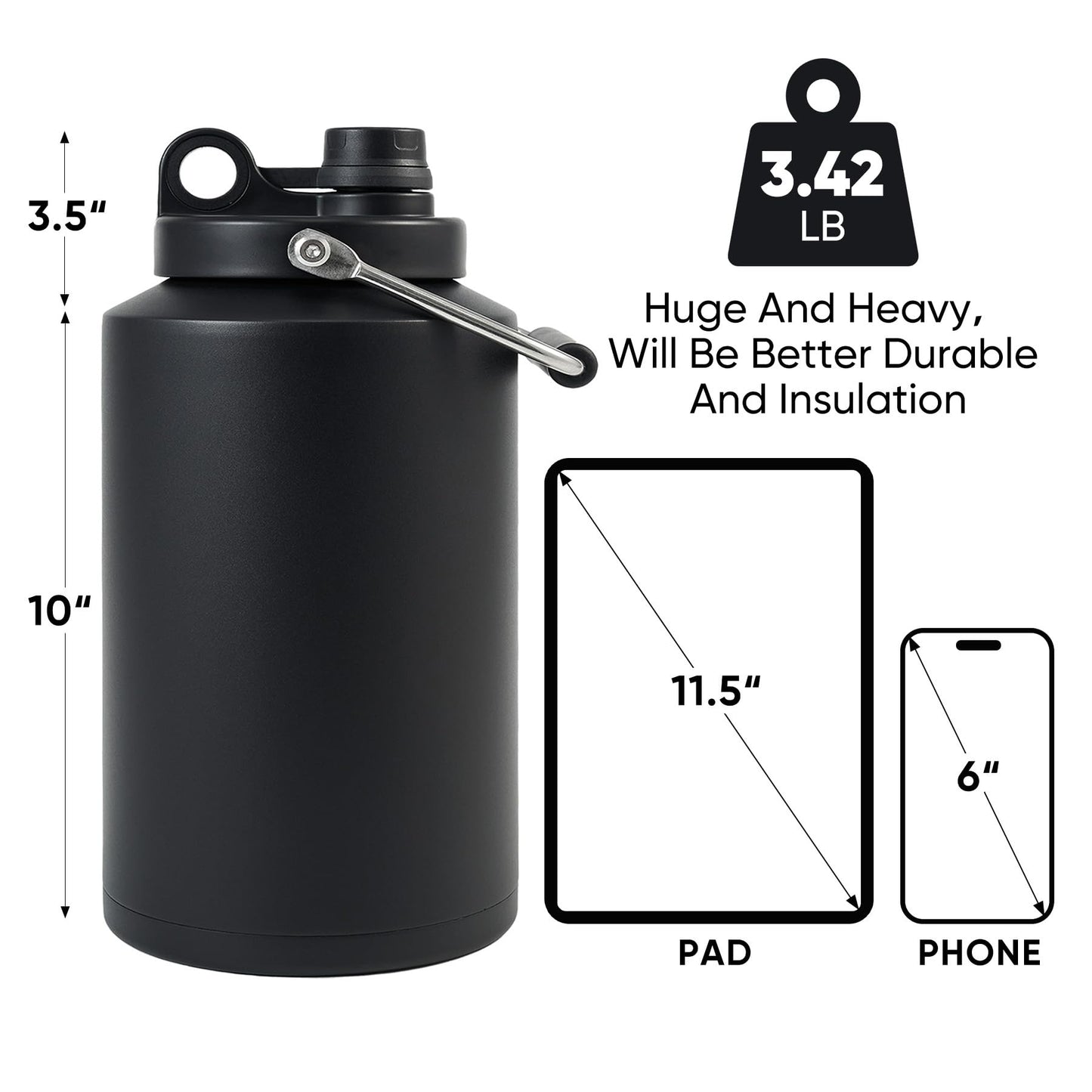 Kerilyn Insulated Jug with Handle, One Gallon, 128oz Stainless Steel, Large Double Vacuum Water Bottle for Hot & Cold Drinks, Wide Mouth, Sweat Proof, Great for Travel, Hiking & Camping, Black