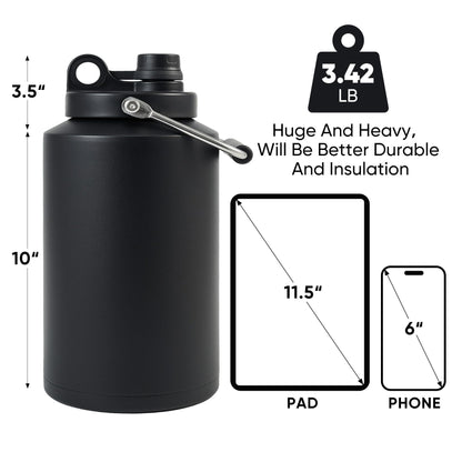 Kerilyn Insulated Jug with Handle, One Gallon, 128oz Stainless Steel, Large Double Vacuum Water Bottle for Hot & Cold Drinks, Wide Mouth, Sweat Proof, Great for Travel, Hiking & Camping, Black