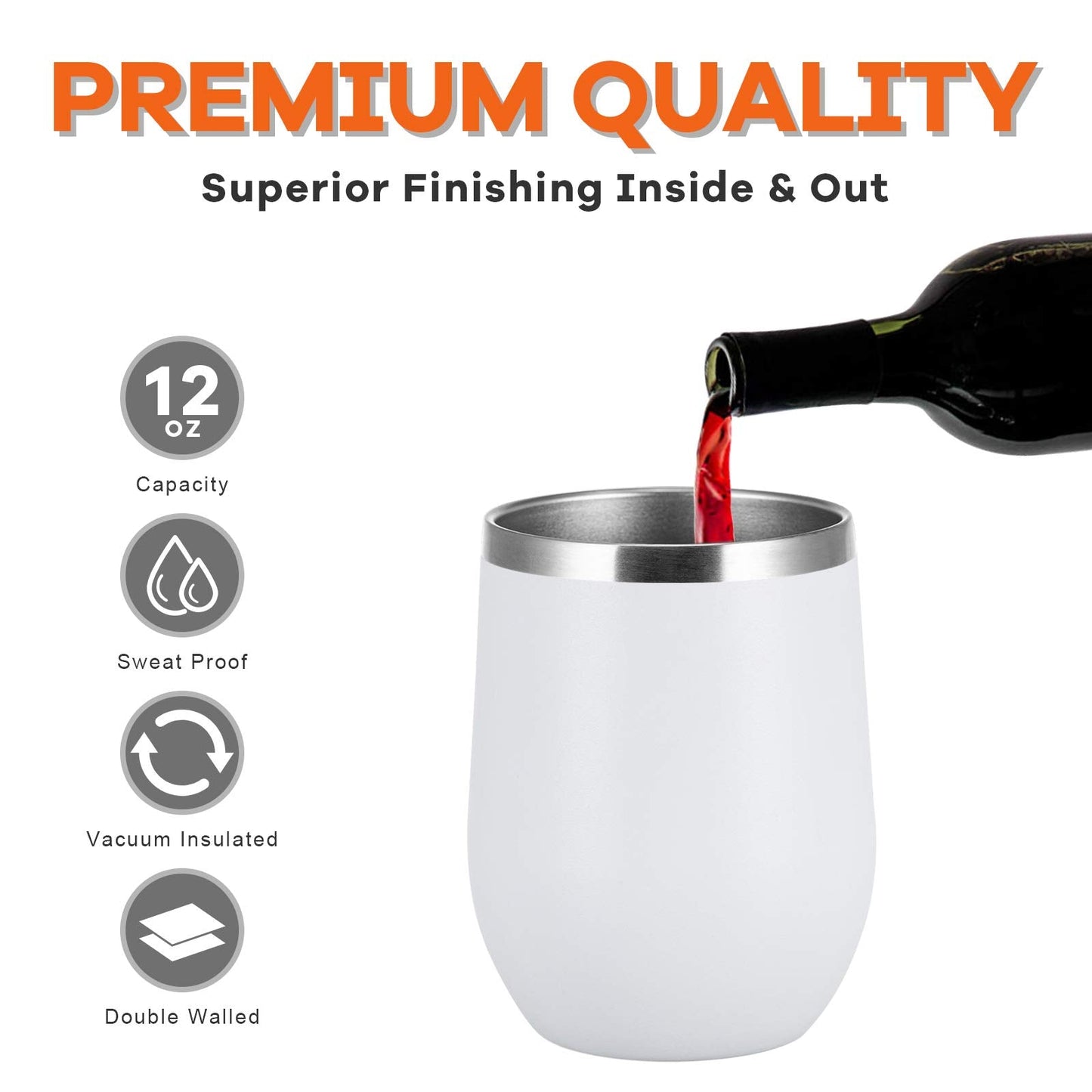 COMOOO 12oz Wine Tumbler with Lid and Straw, Stainless Steel Stemless Wine Glass, Double Wall Vacuum Insulated Wine Tumbler Cup, Cocktails,Beer,Champaign, White, 8 Pack