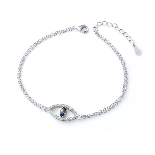 DAOCHONG 925 Sterling Silver Double Strand Cubic Zirconia Evil Eye Bracelet Protection Jewelry For Women (Blue)