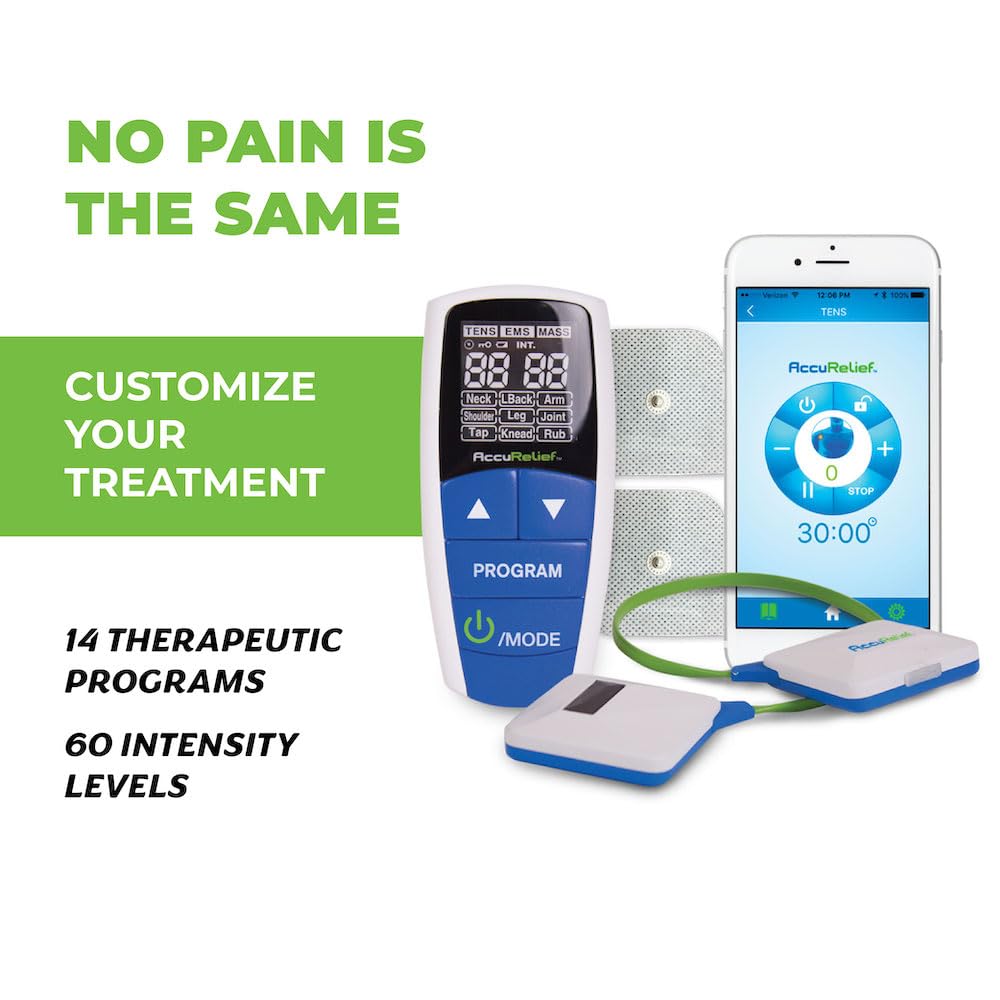 AccuRelief Wireless Tens Unit and EMS Muscle Stimulator - Includes Pulse Massager - Pain Relief Device with Remote and Mobile App, TENS Machine, TENS Device