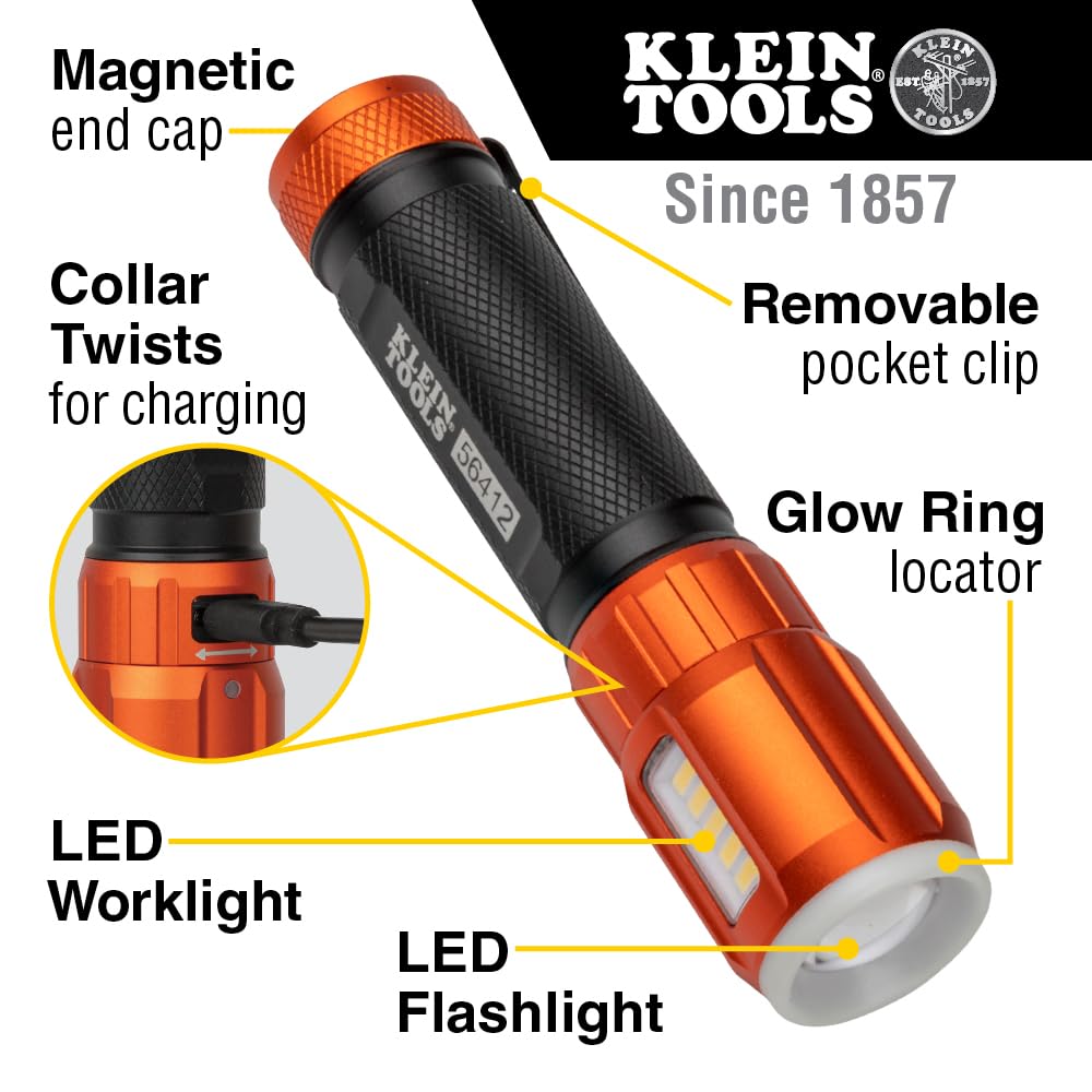 Klein Tools 56412 Rechargeable LED Flashlight with Flood Light, 500 lumens, USB-C Rechargeable, Pocket Clip, Magnet, for Professional Work