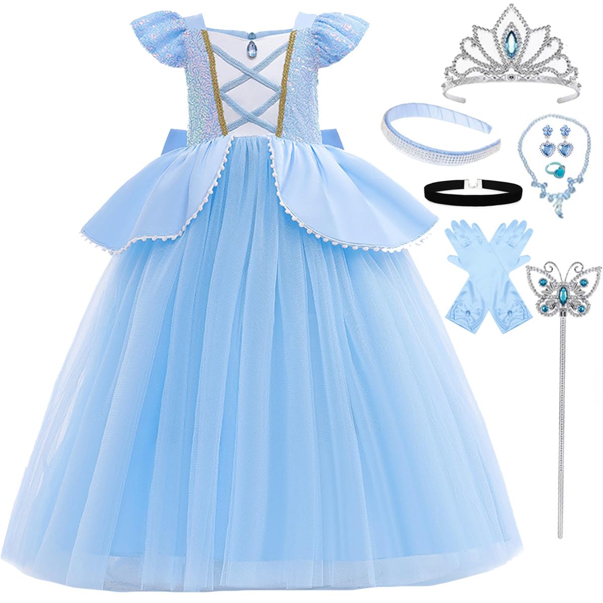 iTVTi Princess Cinderella Costume for Girls Kids Cosplay Dress Carnival Halloween Party Outfit, Blue, 5-6 Years