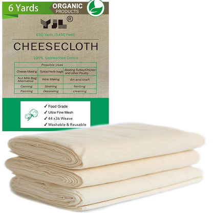 YJL Cheesecloth - 54 Sq Ft, 100% Cotton, Grade 90 Unbleached | Fine Cheesecloth for Cooking, Straining, Canning, Steaming & Reusable