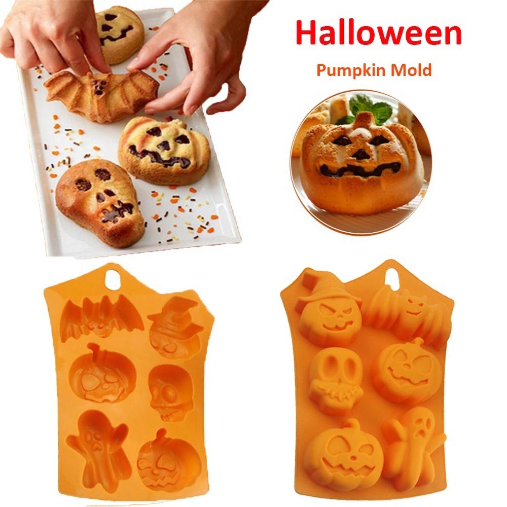 3 PCS Silicone Halloween Ghost Pumpkin Baking Mold Set Non-Stick Chocolate Jelly Fondant Cake Baking mold for Party Gift Handmade Soap Molds with Shape of Skull Bat Ghost
