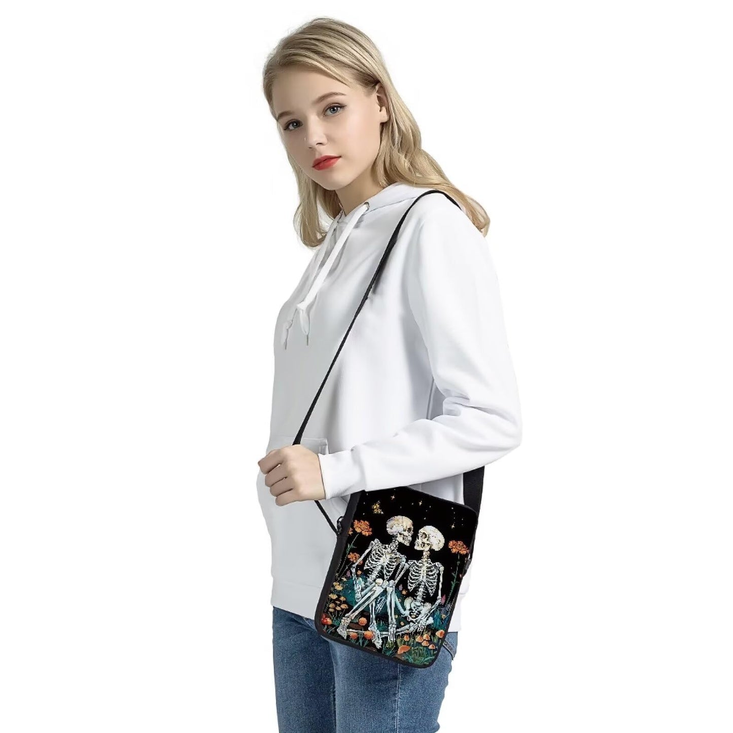 COEQINE Halloween Purse Skull Crossbody Bags Goth for Women Men Goth Teen Purse Novelty Travel Skull Couple Pattern Mini Messenger Bag for Teens Party