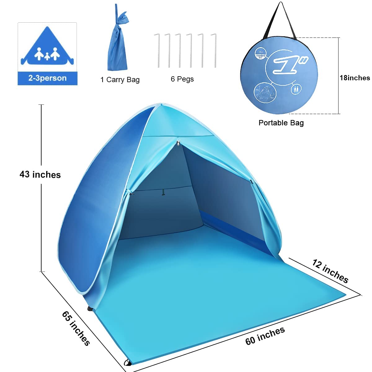 FBSPORT Beach Tent, UPF 50+ Easy Pop Up Beach Shade Beach Tent, Sun Shelter Instant Portable Beach Tent Umbrella Baby Canopy Cabana with Carry Bag, Sky Blue
