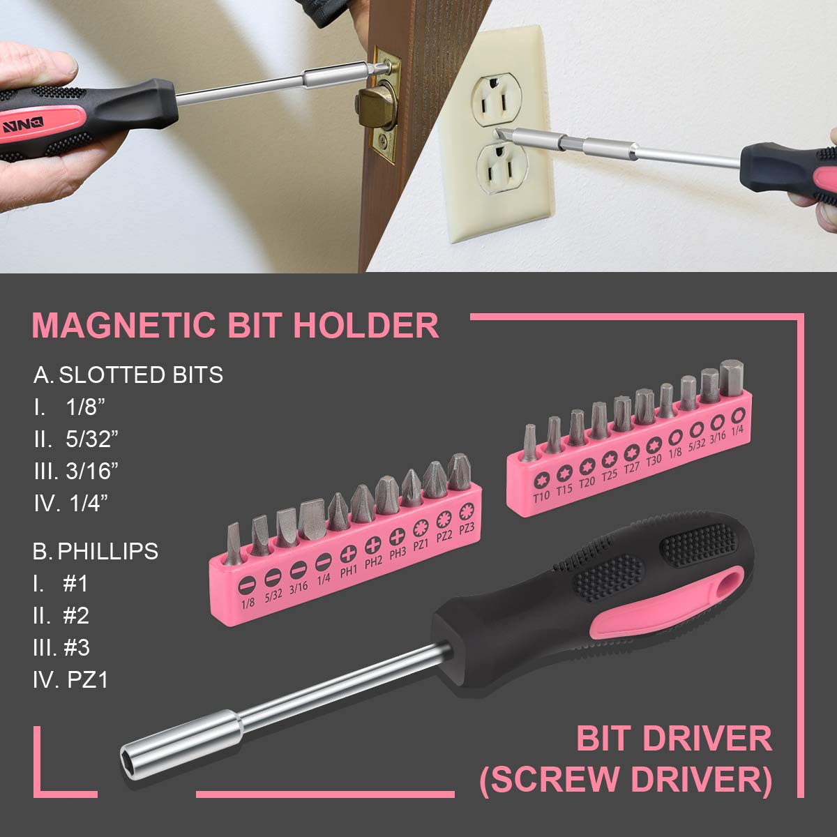 DNA MOTORING 39-Piece Household Tool Set General Repair Small Hand Tool Kit Storage Case for Home Garage Office College Dormitory Use, Pink, TOOLS-00009