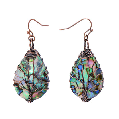 Handmade Teardrop Abalone Shell Dangle Earrings for Women, Wire Craft Tree of Life Earrings