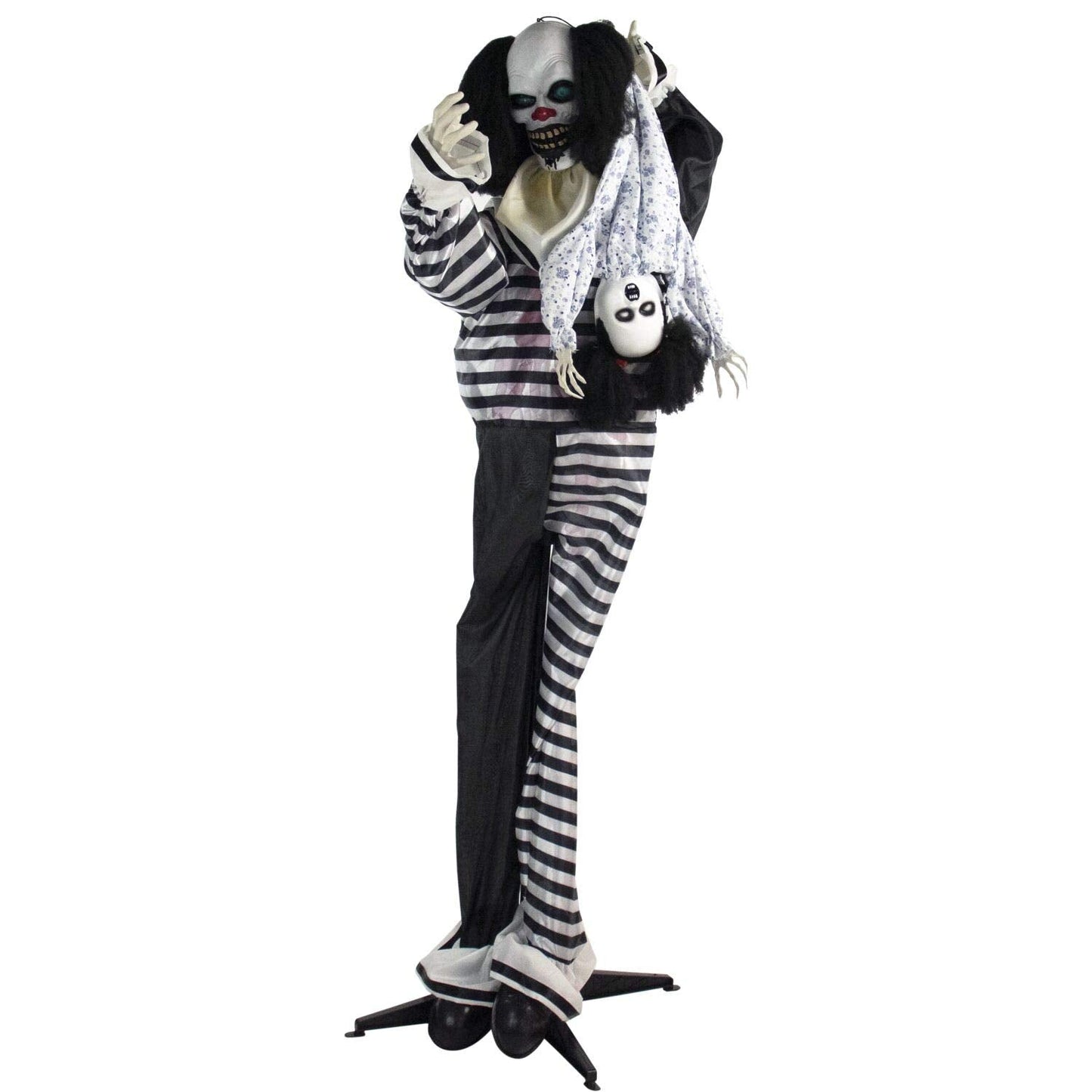 Haunted Hill Farm Life-Size Animatronic Scary Talking Clown with Doll, Motion, Touch Activated Lights, and Sounds, Indoor or Covered Outdoor Halloween Decorations, Battery Operated Halloween Props