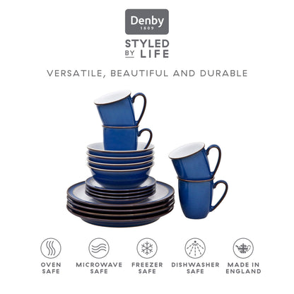 Denby - Imperial Blue Dinner Set For 4-16 Piece Ceramic Tableware Set Blue, White - Dishwasher Microwave Safe Crockery Set - 4 x Dinner Plate, 4 x Small Plate, 4 x Cereal Bowl, 4 x Coffee Mug