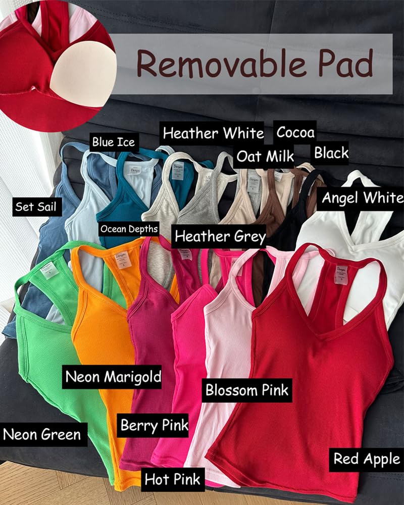 Danysu V Neck Racerback Tank Top for Women with Built in Bra Ribbed Long Tank Fitted Basic Cami Tops Angel White XS