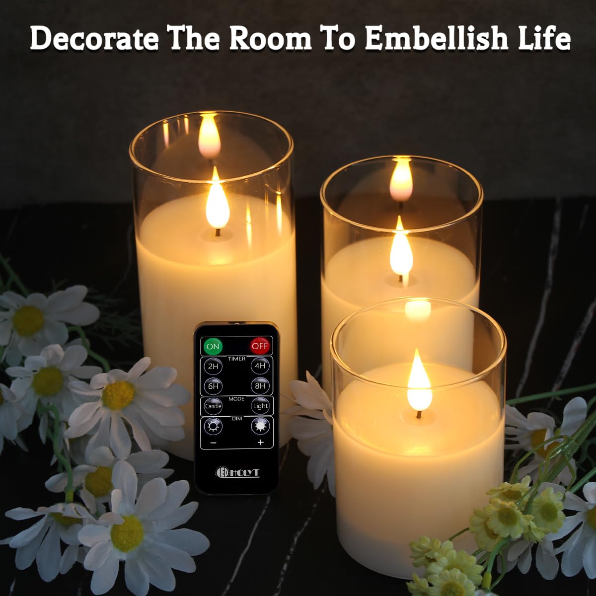 LEDHOLYT Rechargeable Flameless Candle, Flashing LED Pillar Real Wax Candle with Remote Control and Timer, Clear Glass Electronic Candles for Room Decoration, 1 Set of 3