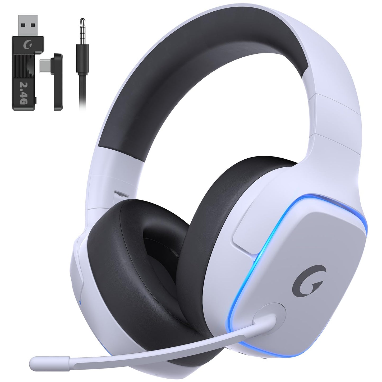 Gvyugke 2.4GHz Wireless Gaming Headsets for PS5, PS4, PC, Switch - Bluetooth 5.3 Gaming Headphones with Noise Canceling Mic, 7.1 Surround Sound, 70H Battery, Blue Lighting - White
