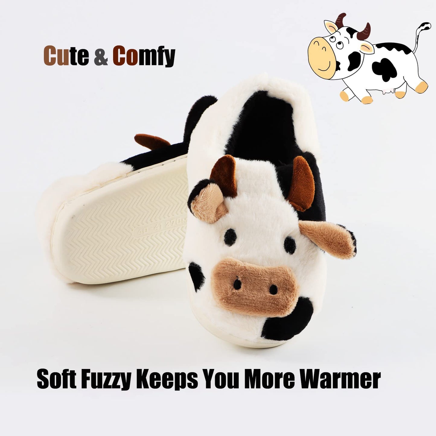 Jerzmy Fuzzy Cow Slippers for Women Men, Cute Cotton Animals House Slippers Fluffy Plush Shoes for Girls Indoor Living Room Bedroom Garden, Size 10-11