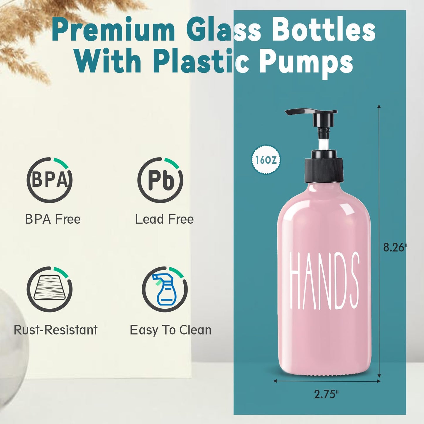 COHOSEGE Glass Soap Dispenser Set 2 Pack,16 Oz Dish Soap Dispenser for Kitchen Sink,Pink Kitchen Accessories and Kitchen Decor,Pink Decorations and Kitchen Utensils for Kitchen