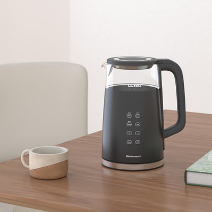 Elite Gourmet EKT8717 1.7L Dual Wall Cool Touch Electric Tea Kettle, Borosilicate Glass, 304 Stainless Steel Interior, Programmed Digital Touchscreen, Keep Warm, Auto Off & Audible Indicator, Black