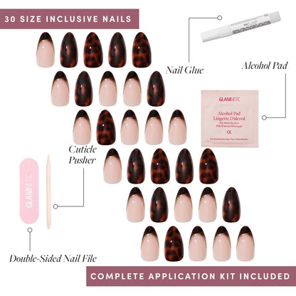Glamnetic x GLAMZILLA Press On Nails - KILLAZILLA | Short Almond Tortoiseshell Fake Nails with French Tips, Salon Quality | 15 Sizes - 30 Nail Kit with Glue