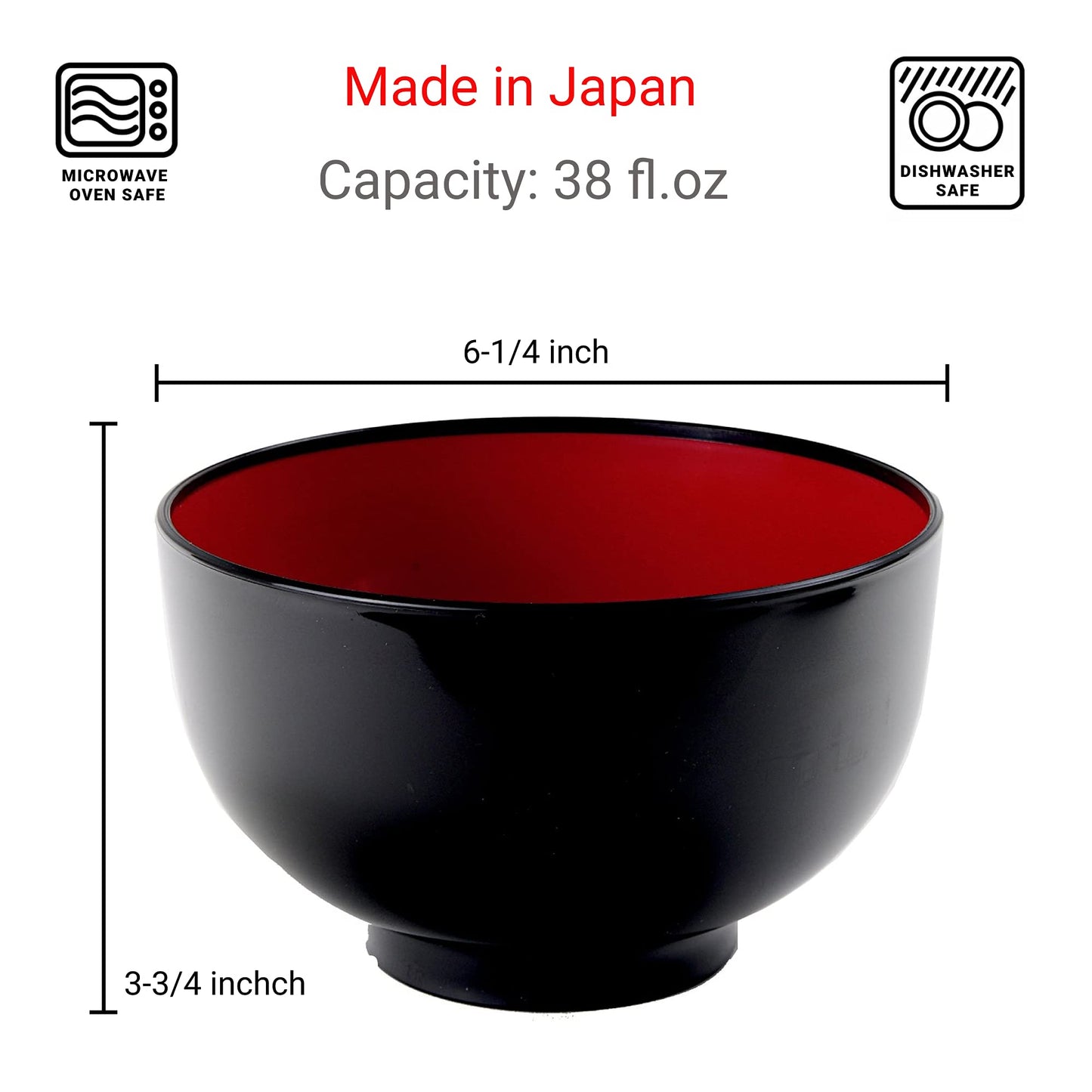 JapanBargain 2045 Set of 2 Japanese Soup Bowls, 38 fl.oz, Plastic Bowl for Ramen, Udon, Pho, Rice, and Cereal, Microwave & Dishwasher Safe, Black and Red Color, Made in Japan