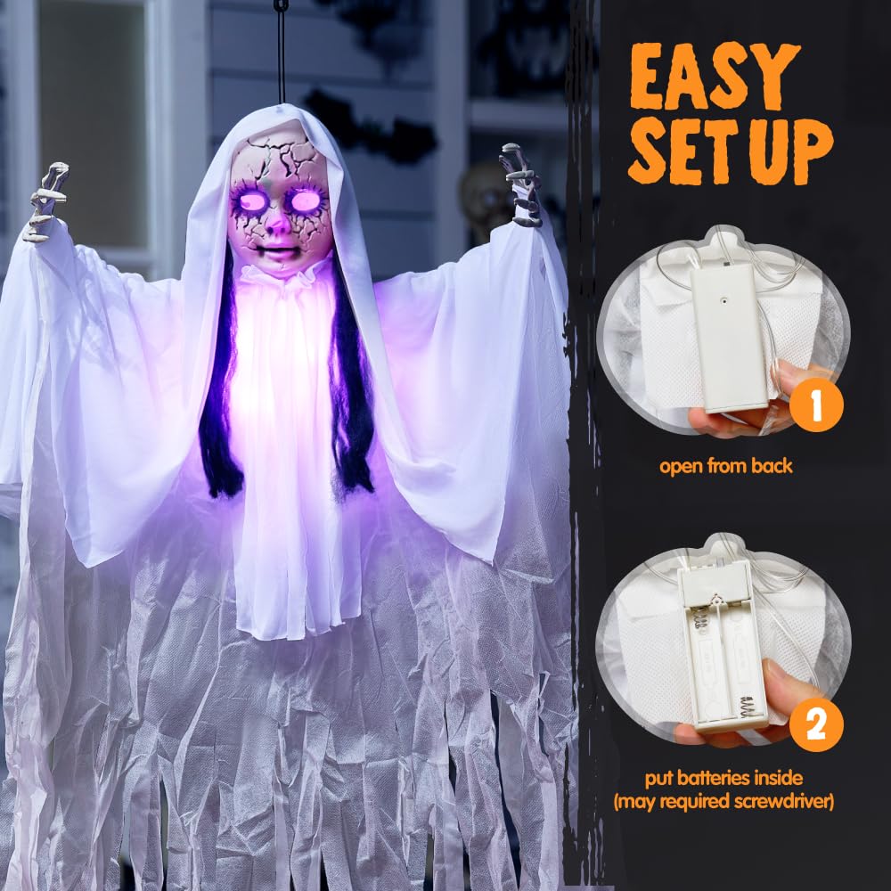JOYIN 43" Outdoor Halloween Decoration, Scary Girl Hanging Ghost Decor Sound Activated with Light-up Head for Yard, Patio, Haunted House Lawn Garden
