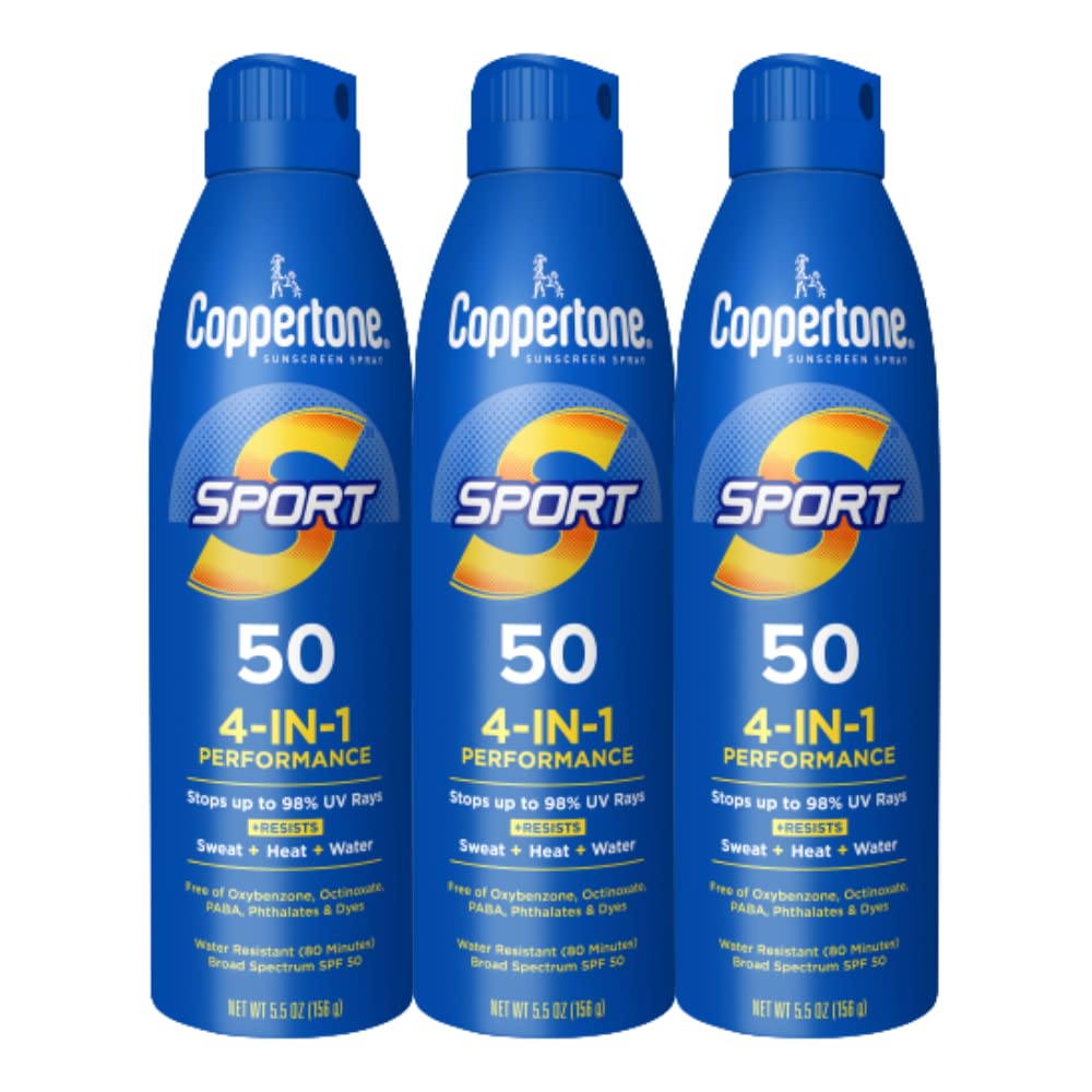 Coppertone Sport Sunscreen Spray SPF 50, Sweat, Heat and Water Resistant Sunblock, Lightweight, Oxybenzone Free, Spray Sunscreen Bulk Pack, 5.5 Oz Bottle, Pack of 3 (Packaging May Vary)