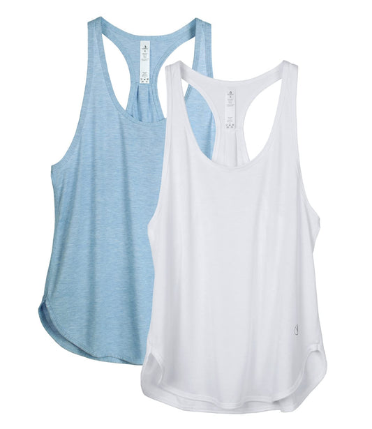 icyzone Workout Tank Tops for Women - Athletic Yoga Tops, Racerback Running Tank Top (XL, White/Sky Blue)