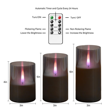 kakoya Flameless Candles Upgraded Realistic Flickering Flame,Battery Operated LED Candles with Remote Timers,Acrylic Electric Candles Set of 3(D 3" xH 4" 5" 6")（Grey）