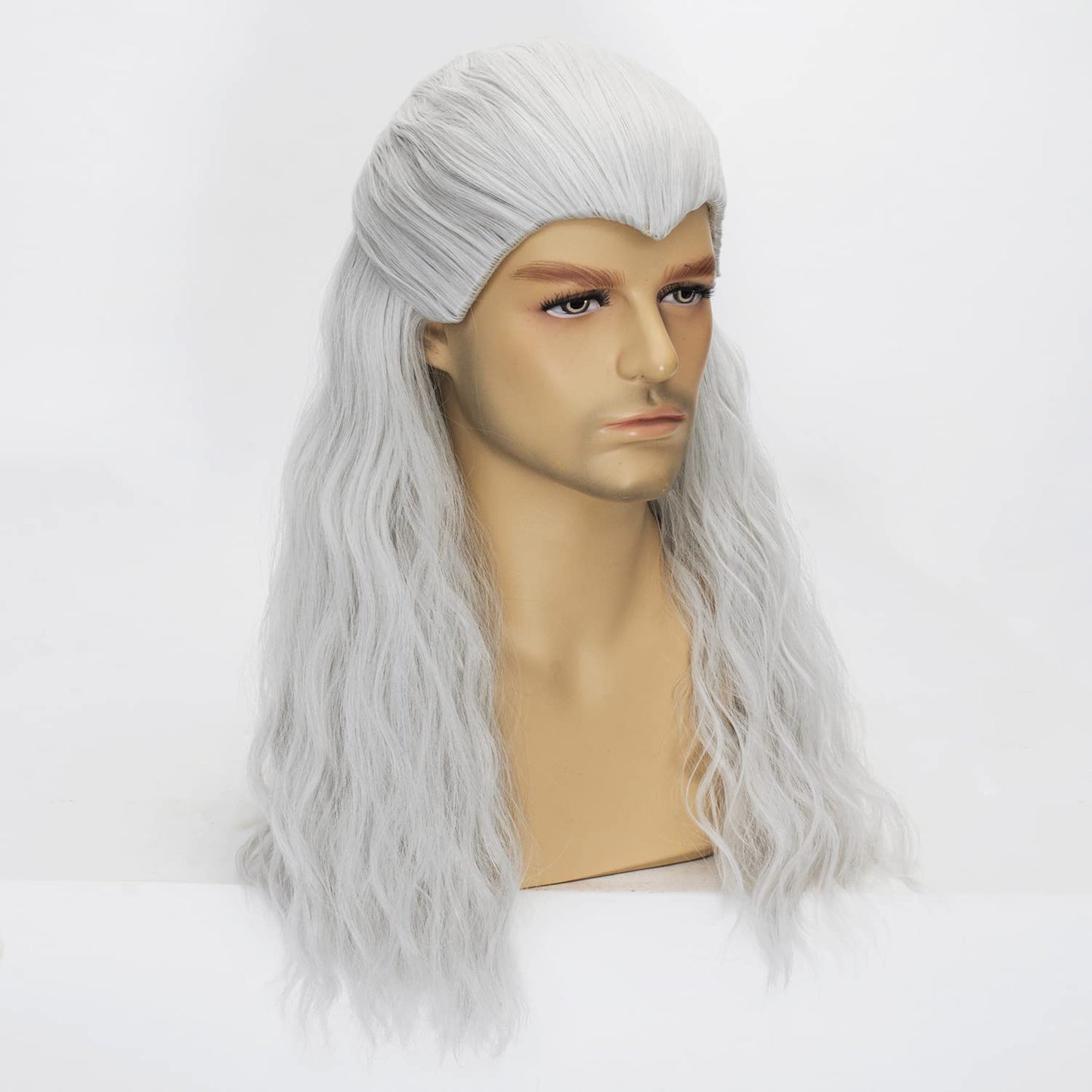 FALAMKA Silver Wig Men'S Long Wavy Cosplay Wig +Wolf Pendant Adult Costume Halloween With Necklace