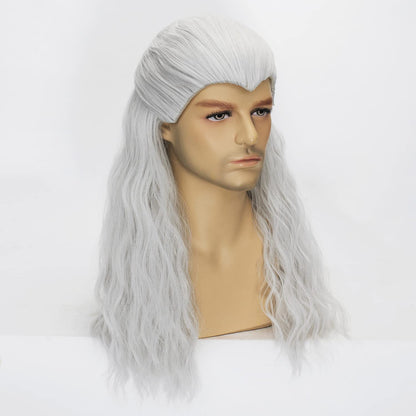 FALAMKA Silver Wig Men'S Long Wavy Cosplay Wig +Wolf Pendant Adult Costume Halloween With Necklace