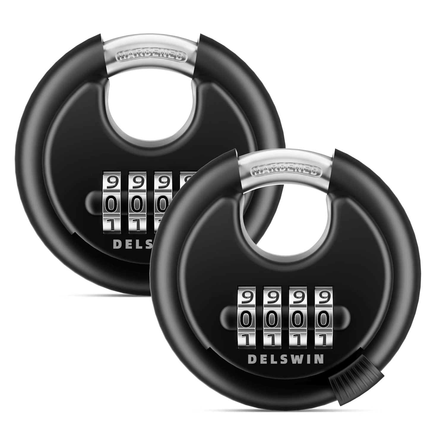 DELSWIN 4-Digit Disc Combination Lock Outdoor - Heavy Duty Combination Padlocks with Hardened Steel Shackle Weatherproof Combo Locks for Gates,Sheds,Fence,Storage Unit (3/8" Shackle, Black,2 Pcs)