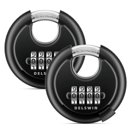 DELSWIN 4-Digit Disc Combination Lock Outdoor - Heavy Duty Combination Padlocks with Hardened Steel Shackle Weatherproof Combo Locks for Gates,Sheds,Fence,Storage Unit (3/8" Shackle, Black,2 Pcs)