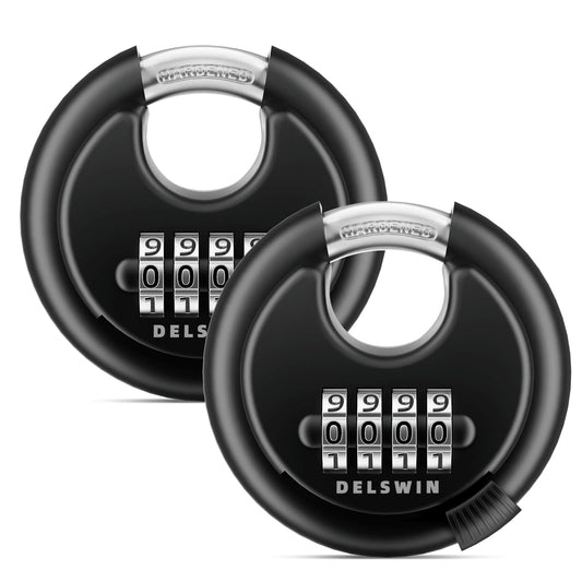 DELSWIN 4-Digit Disc Combination Lock Outdoor - Heavy Duty Combination Padlocks with Hardened Steel Shackle Weatherproof Combo Locks for Gates,Sheds,Fence,Storage Unit (3/8" Shackle, Black,2 Pcs)