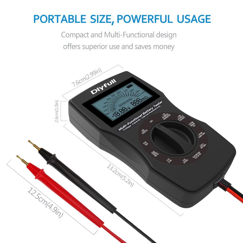 Dlyfull Universal Battery Tester with LCD Display, Small Digital Battery Voltage Resistance Checker for Ni-MH, Ni-CD, Li-ion, Alk & LiFe04 Batteries(AA AAA C D 9V 12V 18650 CR123A 2CR5 CR2032 Cells)