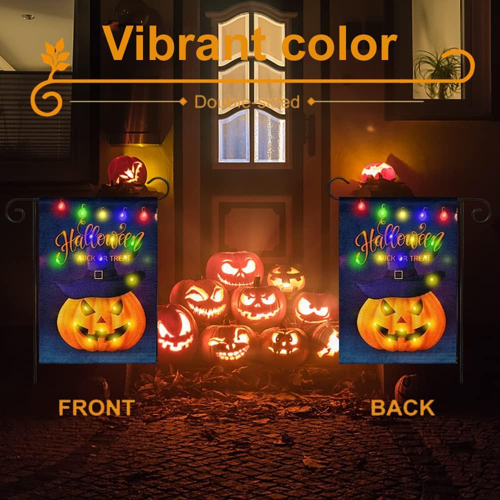 JUSHEN Halloween LED Lighted Garden Flag, Double Sided Solar Lighted Garden Flag, Vertical Halloween Pumpkin Lantern House Flag for Outdoor Yard Garden Decoration(12x18 Inch)