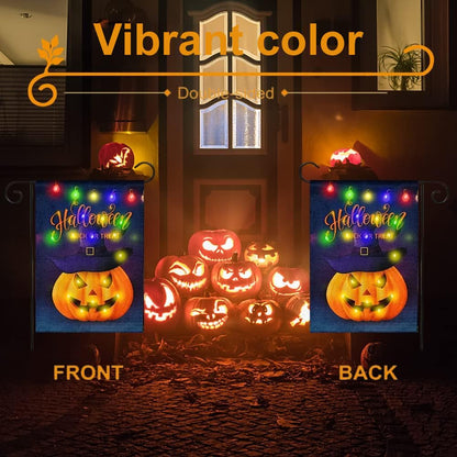 JUSHEN Halloween LED Lighted Garden Flag, Double Sided Solar Lighted Garden Flag, Vertical Halloween Pumpkin Lantern House Flag for Outdoor Yard Garden Decoration(12x18 Inch)