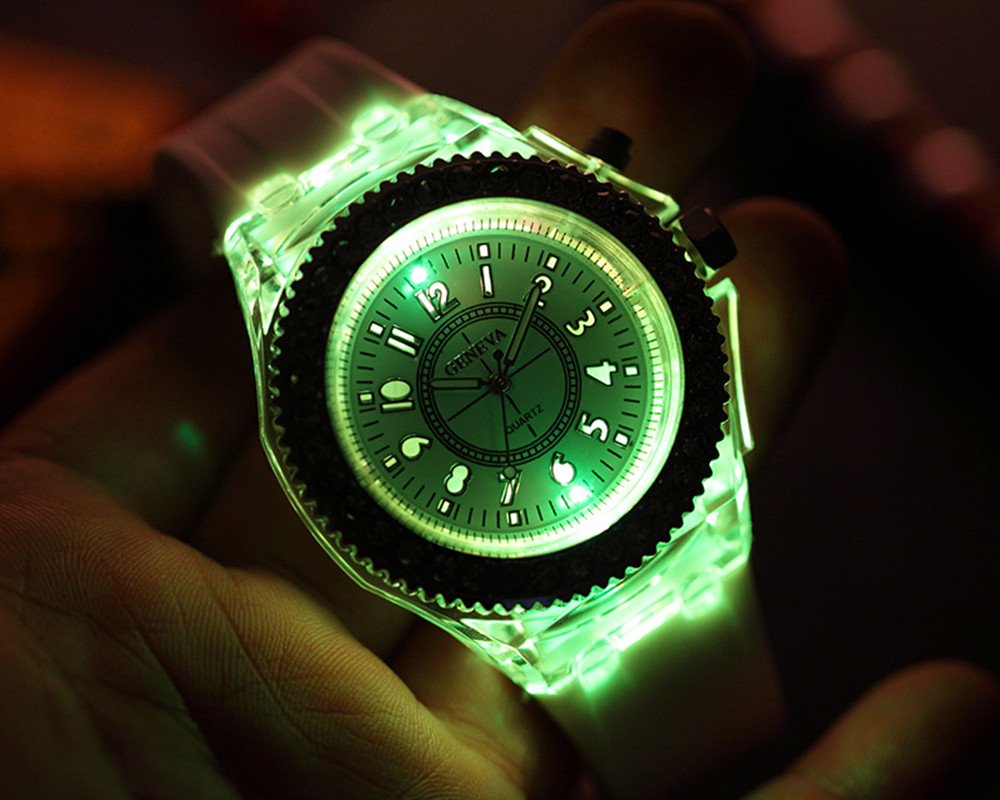 FANMIS Unisex Sports Rhinestone LED Flashing Light up Color Changing Silicone Jelly Watch Black