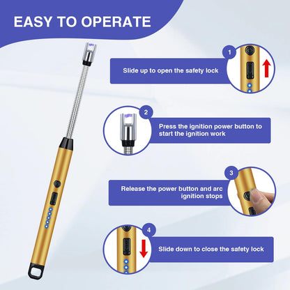 2 PCS Candle Lighter, Lighters for Candle Arc Windproof Flameless with 360° Flexible Neck & LED Power Display, Electric Lighter for BBQ, Grill, Camping, Fireplace, Stove(Gold)