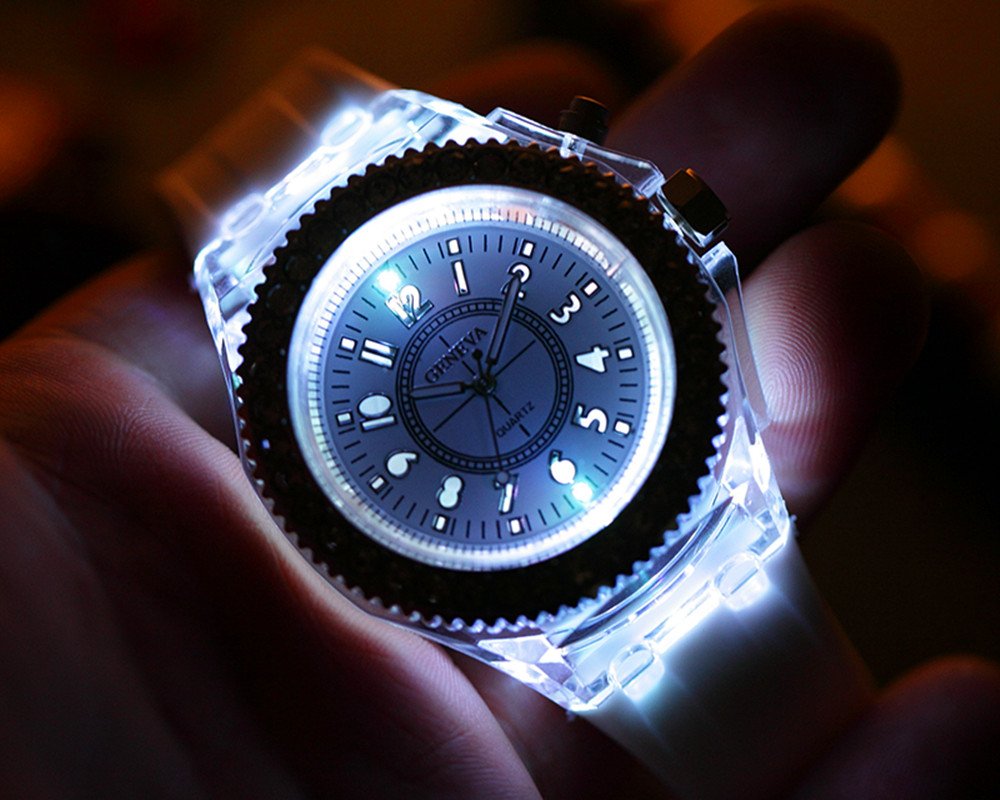FANMIS Unisex Sports Rhinestone LED Flashing Light up Color Changing Silicone Jelly Watch Black