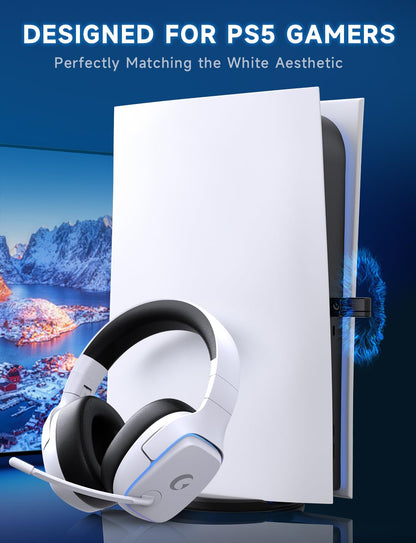 Gvyugke 2.4GHz Wireless Gaming Headsets for PS5, PS4, PC, Switch - Bluetooth 5.3 Gaming Headphones with Noise Canceling Mic, 7.1 Surround Sound, 70H Battery, Blue Lighting - White