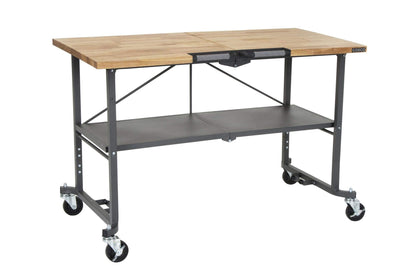 COSCO SmartFold Butcher Block Portable Workbench / Folding Utility Table (Hardwood Top, 700LB Total Weight Capacity, Locking Casters, Gray Steel Frame, 1 Pack)
