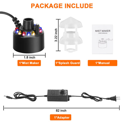 FITNATE Mist Maker, 12 LED Mister Fogger Water Fountain Pond Fog Machine Atomizer Air Humidifier, ultrasonic Mist fogger with Splash Guard, Perfect for Halloween and Other Holidays