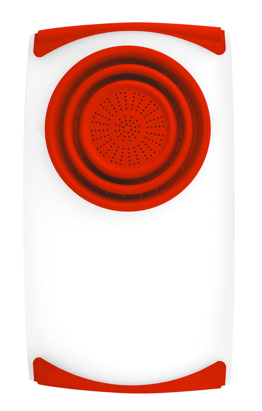 Dexas Over the Sink Poly Cutting Board with Collapsible Colander Strainer, 11.5 x 20",Natural/Red