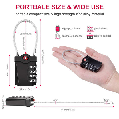 ZHEGE TSA Approved Luggage Lock, 1-Pack, Black, Combination Lock, 10,000 Combination Options, 5.5in Flexible Cable, Easy to Use, Secure & Solid, Suitable for Luggage, Backpacks, Briefcases