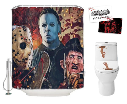 Halloween Shower Curtain Set for Bathroom- Scary Killer Freddy Jason Michael, Horror Movie Themed Holiday Polyester Fabric Decoration with Hooks and Toilet Stickers, Christmas Party Decor 72x72