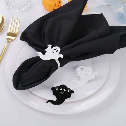 Ghost Napkin Rings Set of 12, White and Black Ghost Napkin Buckle for Halloween Holiday Birthday Party Decoration