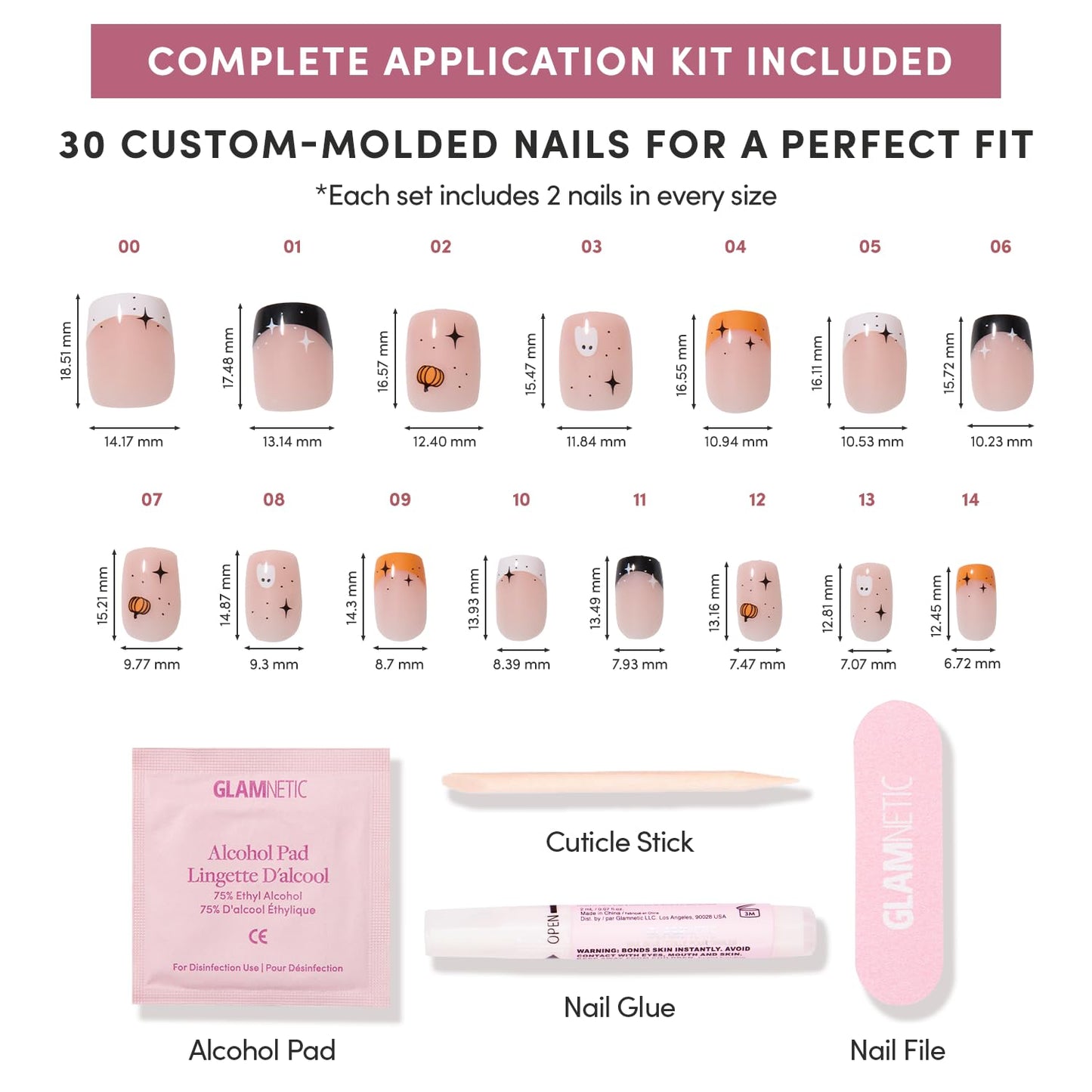 Glamnetic Press On Nails - Tiny Pumpkin | Short Squoval French Tip Fake Nails with Pumpkin Graphics & Glossy Finish, Salon Quality Halloween Nails | 15 Sizes - 30 Nail Kit with Glue